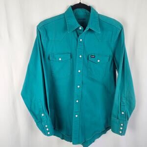 WRANGLER Advanced Comfort Teal Pearl Snap Western Shirt L Cowboy Rodeo Ranchwear